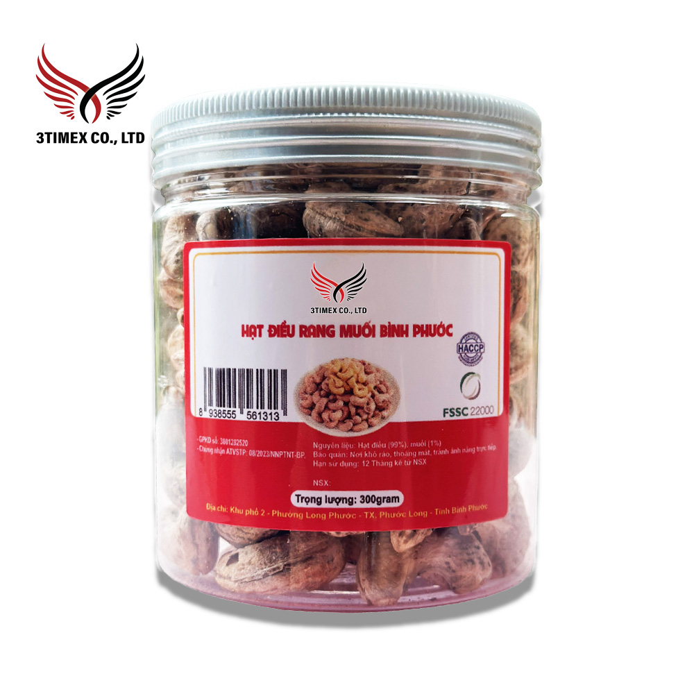 Hại điều Bình Phước rang muối nguyên vỏ lụa hộp PET trụ tròn